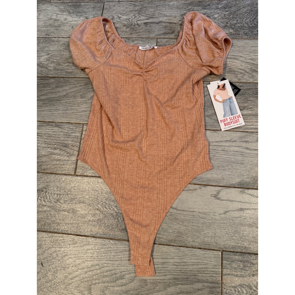 Celebrity Pink NWT Puff Sleeve Bodysuit Large Rose Ribbed Knit One Piece Romper